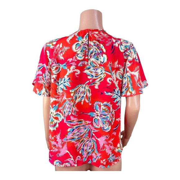 W5 Women Bright Red Floral Print Top Blouse SZ L  Flared Short Sleeve Pullover - Picture 2 of 11